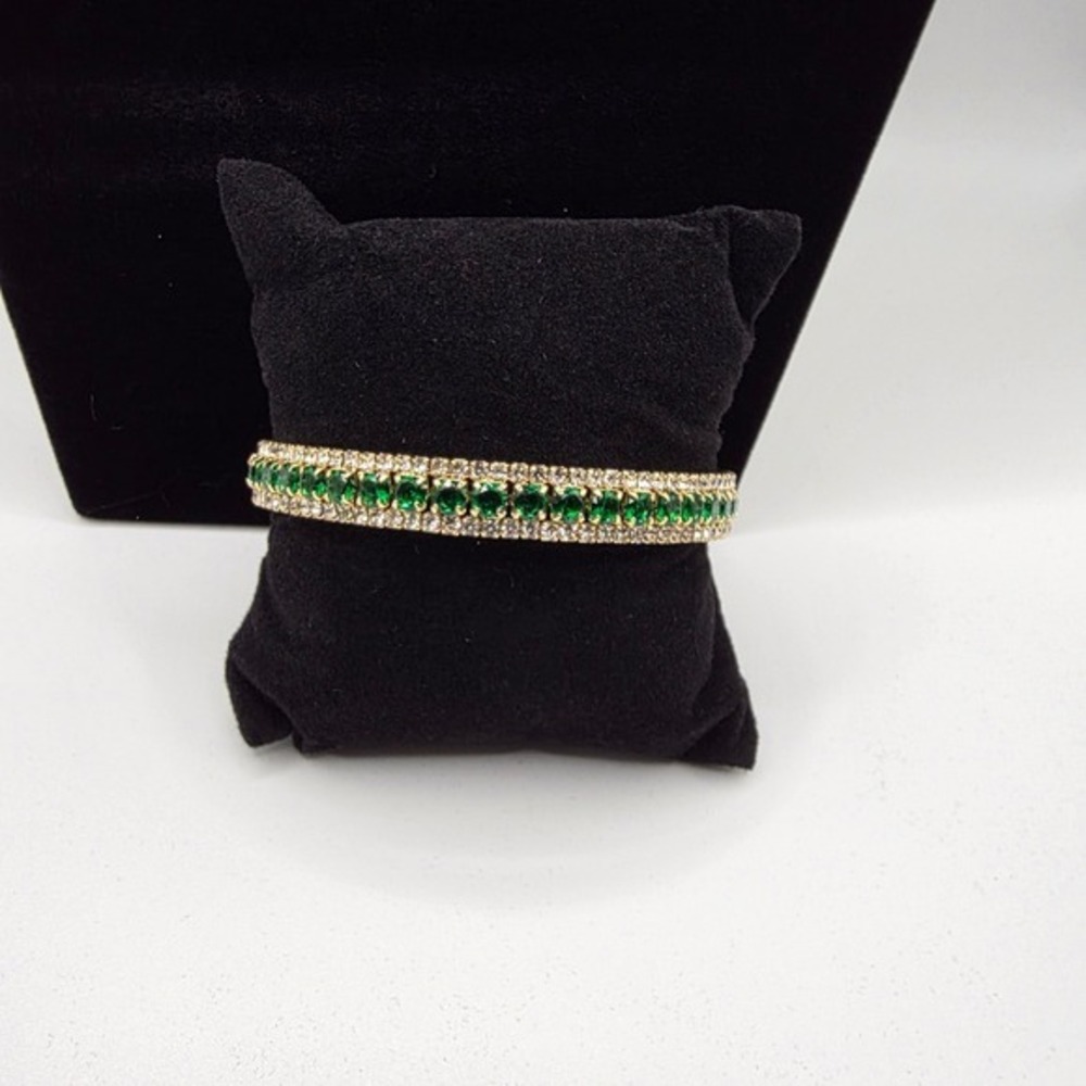 Emerald Green Crystal Gold Tone Bangle Bracelet Triple Row Rhinestone Cuff